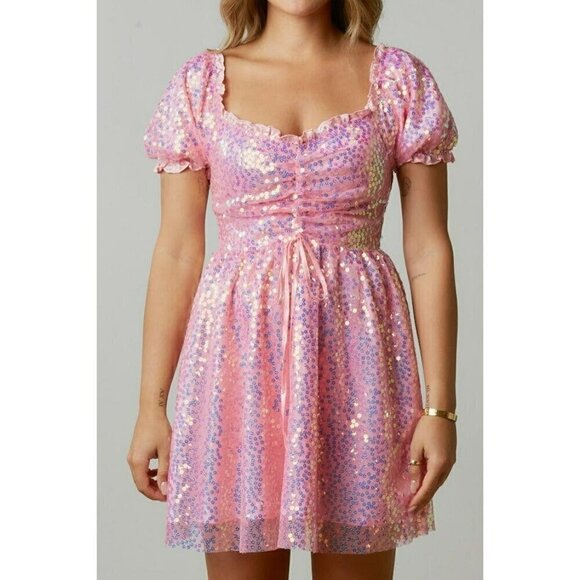 Flower Power Sequin Baby Doll Dress in Pink - Picture 2 of 5